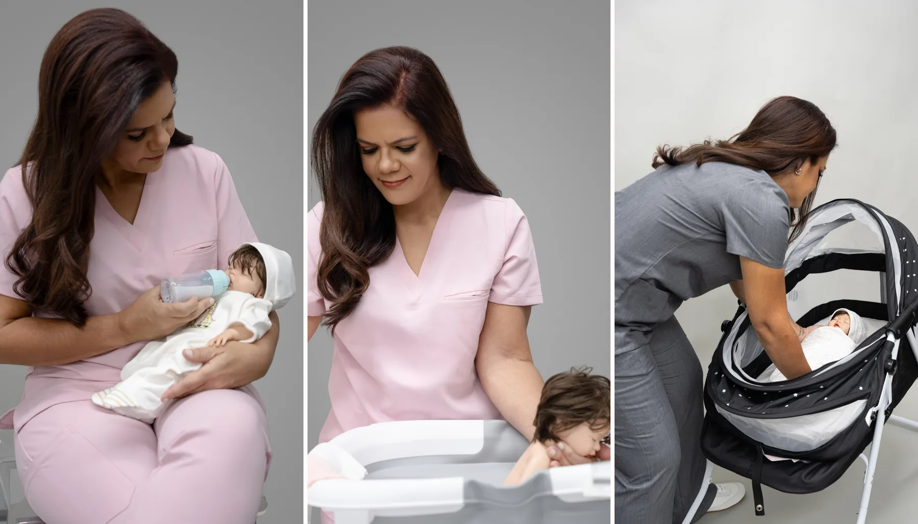 Iara bottle-feeding a newborn, bathing a baby, and settling a baby into a bassinet