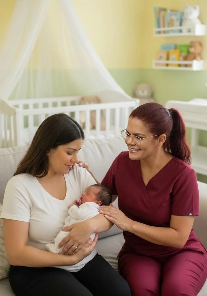 Doula supporting a new mother in the nursery