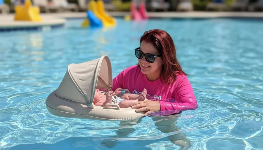 Doula caring for a baby by the pool while the family travels